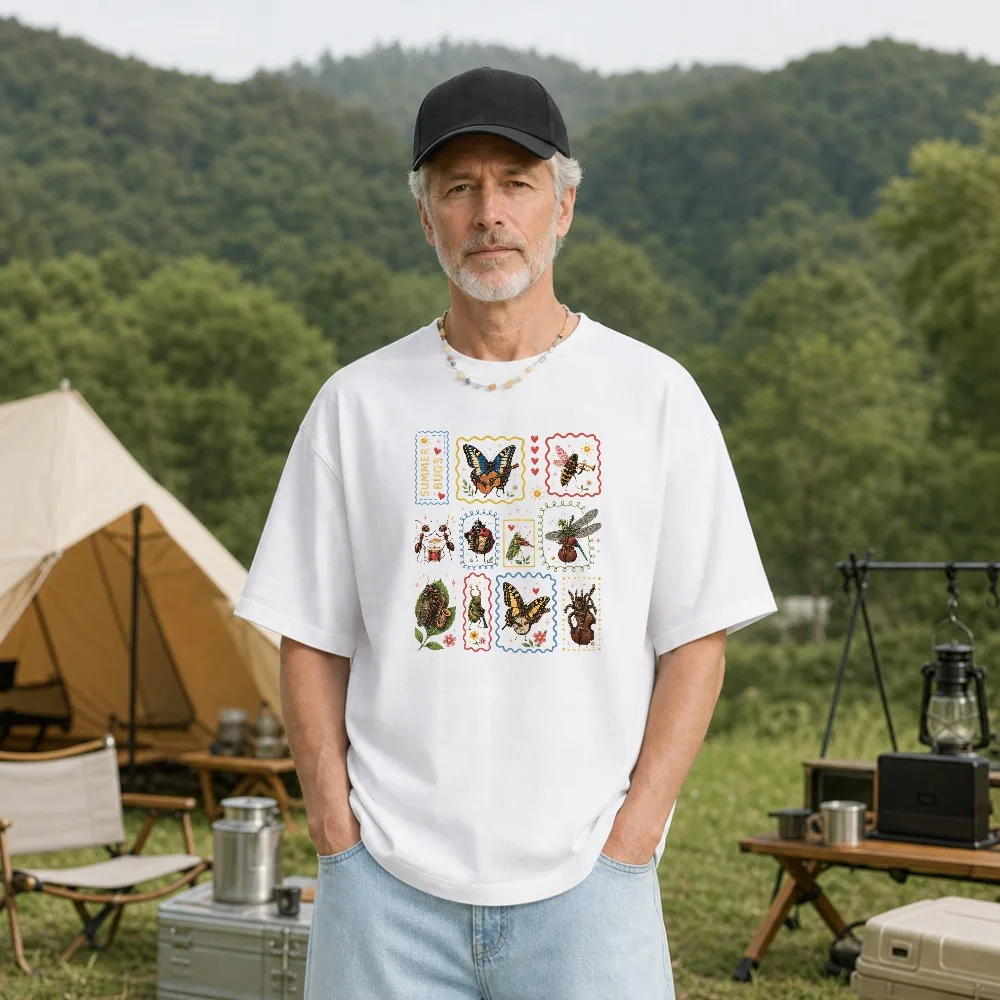 Bugs Stamp Moth Mushroom Wildflower Dinosaur Trombone Goose Print Graphic T-shirt Nature Animal Lover Unisex Casual Cotton Tops