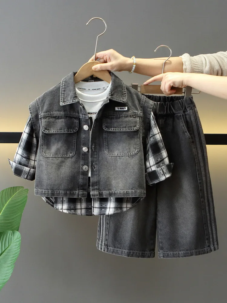 Baby Boys Fashionable Streetwear Kids Denim Vest+Patchwork Sweatshirt+Jeans 3pcs Suit Spring/Autumn Children Outfit 2-11 Years