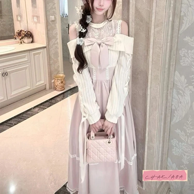 

Элегантное платье с открытыми плечами и длинными рукавами с бантом, модное милое и милое платье принцессы Лолиты Y2K для женщин, осень-зима