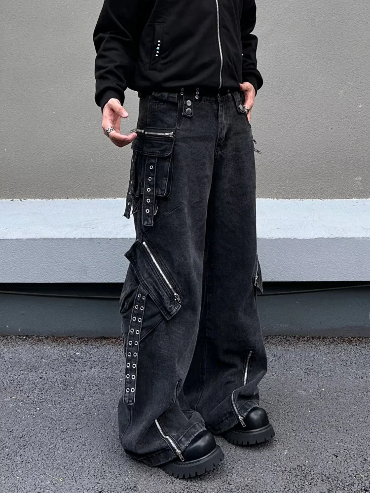 2025 Ropa Y2K الجرونج غسلها الأسود سستة تصميم فضفاض البضائع الجينز السراويل للرجال ملابس الشارع الشهير السراويل الطويلة Pantalon Hombre