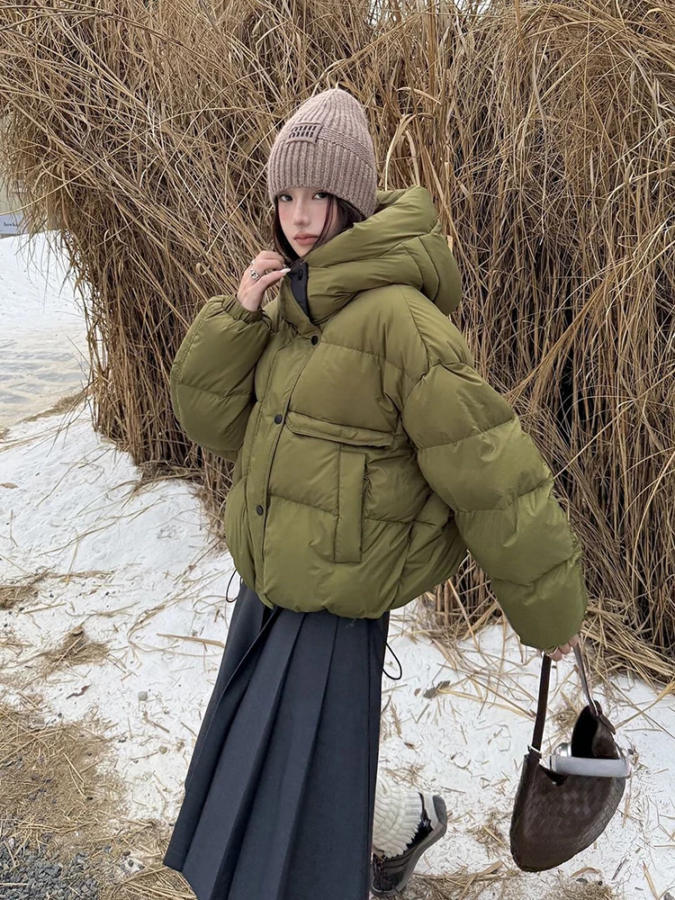 Winter Big Pocket Solid Hooded Quilted Jacket Women 90 White Duck Down Parker Outwear Coat Female Loose Warm Short Down Jacket