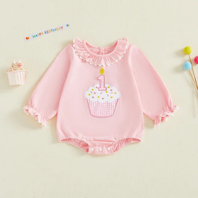 Citgeett Spring Infant Baby Girl Birthday Bodysuit Loose Fit Embroidered Neck Long Sleeve Jumpsuit Autumn Clothes 2