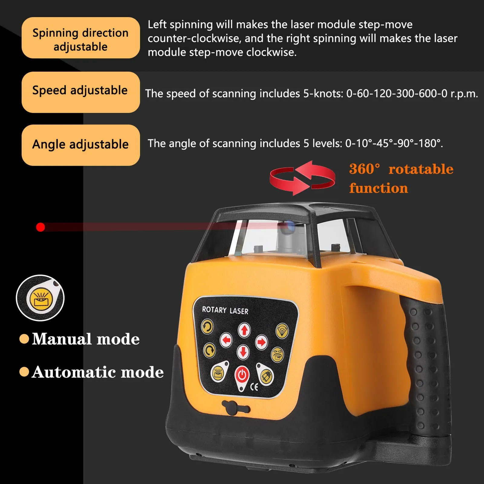 Moderne 635nm Rotlicht-Laser-Nivelliermaschine mit automatischer Selbstnivellierung, einstellbarer Rotationsrichtung, Geschwindigkeit und Winkel, 500m Arbeitsabstand – Detail 7