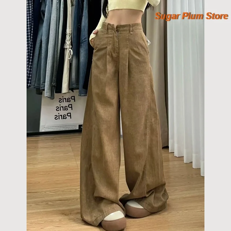 Comfortable and casual washed high waist khaki wide-leg jeans women's spring and summer new straight loose slim mopping pants