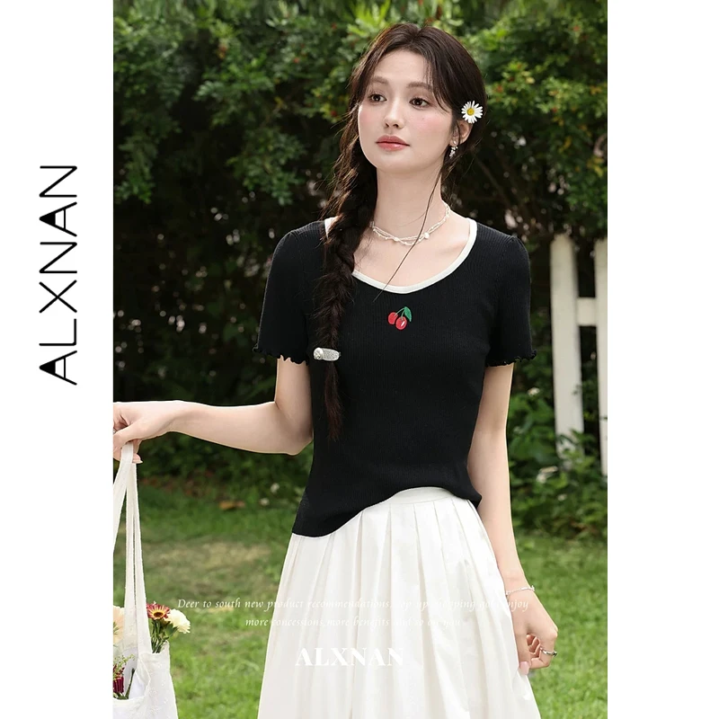 ALXNAN Black T-shirt V-neck Cherry Embroidery Ruffled Knit Short Sleeve T-shirts Women 2026 Summer Elegant Casual Tops L65110