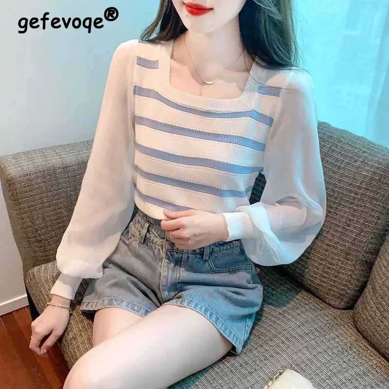 Women\'s Clothing 2023 Spring Autumn Square Collar Striped Patchwork Knitted Blouses Trendy Long Sleeve Chic Sweet Pullover Tops