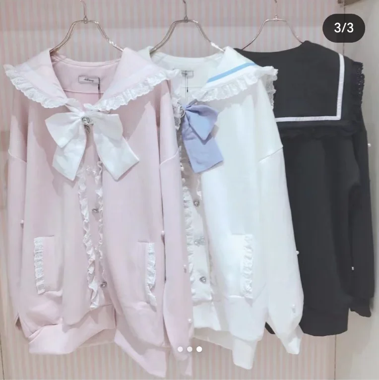 Japanese Style Sweet and Cute Sailor Collar Big Bow Tie Long Sleeve Mid-Length Sweatshirt Girl Womens Loose Cardigan Hoodie Coat