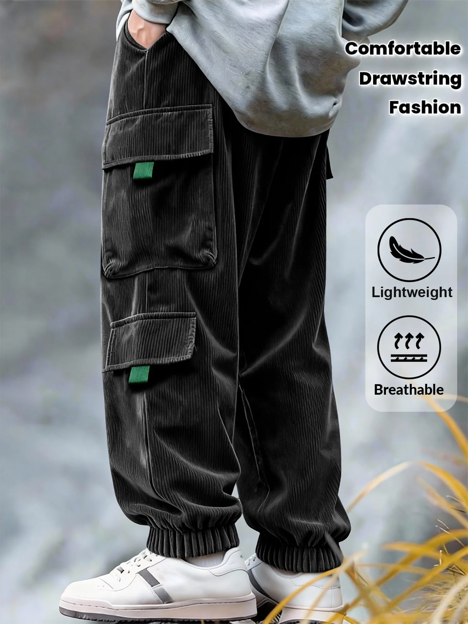 

Мужские вельветовые брюки прямого кроя с текстурой, карго-брюки с завязками на талии — на все сезоны, от повседневных до полуподарковых образов