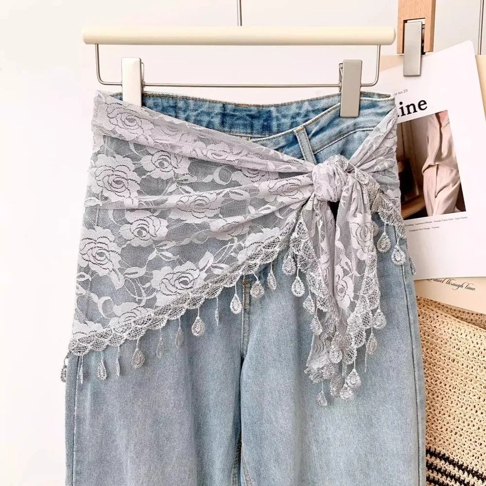 Versatile Sheer Mesh Hip Scarf Floral Print Triangle Boho Bandana Tassel Fringe Lace Waist Scarf For Women