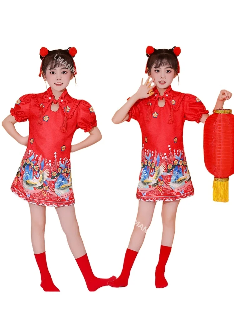 

Этнические костюмы, танцевальные костюмы, праздничные костюмы ко Дню защиты детей, фонарики, красный Cheongsam в китайском стиле для девочек