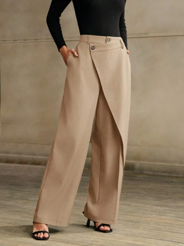 Missuoo Pantalones asimétricos de pierna ancha de cintura alta para mujer, pantalones holgados de Color sólido para ir al trabajo para oficina, pantalones casuales para mujer 2025
