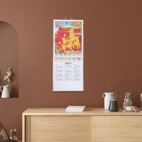 Chinese New Year 2027 Wall Calendar Year of The Goat Scroll Design Imitation Rattan Farmhouse Decorative Calendar for Living