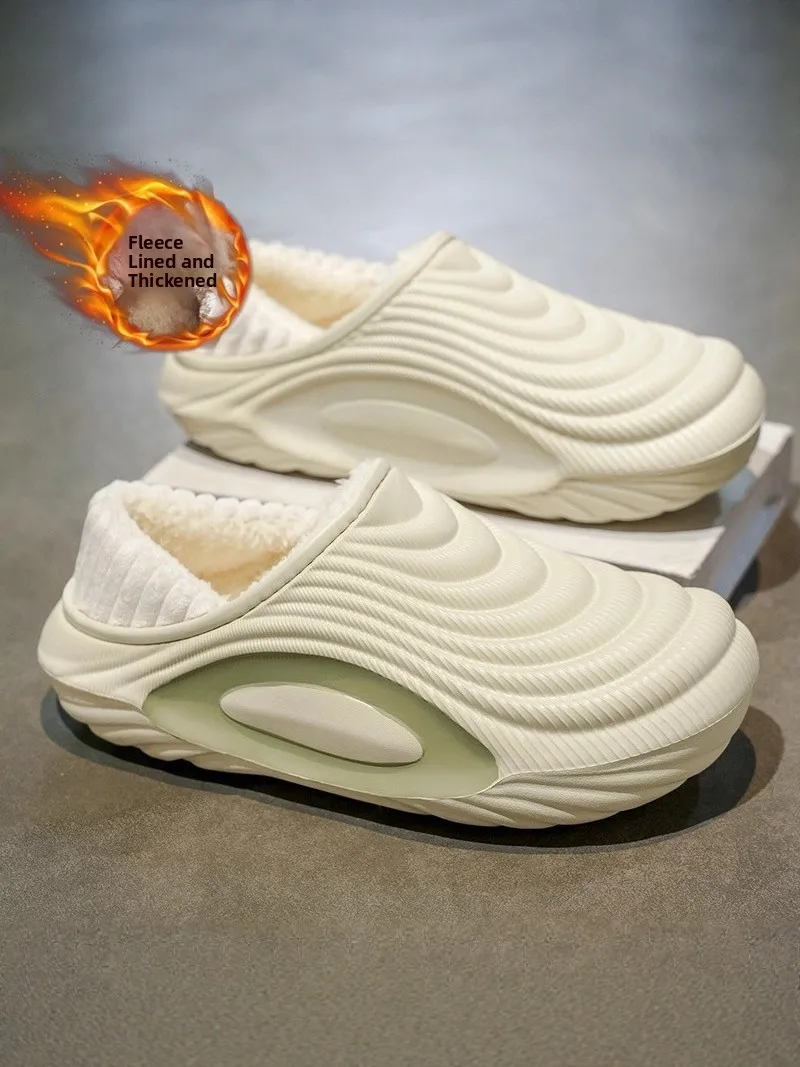 Men's Cotton Slippers Fleece Lined Home Indoor Winter Warm Slip-On Shoes Leather Fur Integrated Anti-Slip Waterproof