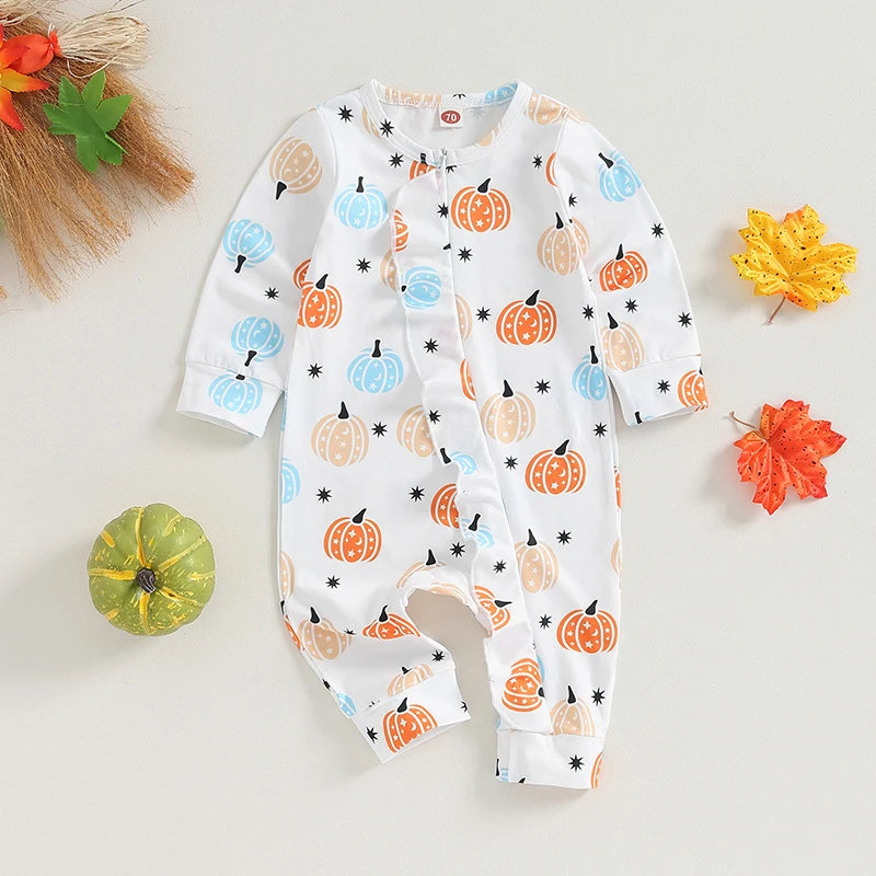 

2023-08-08 Lioraitiin 0-18M Newborn Baby Girls Boys Halloween Romper Long Sleeve Crew Neck Jumpsuit Pumpkin Print Baby Clothes