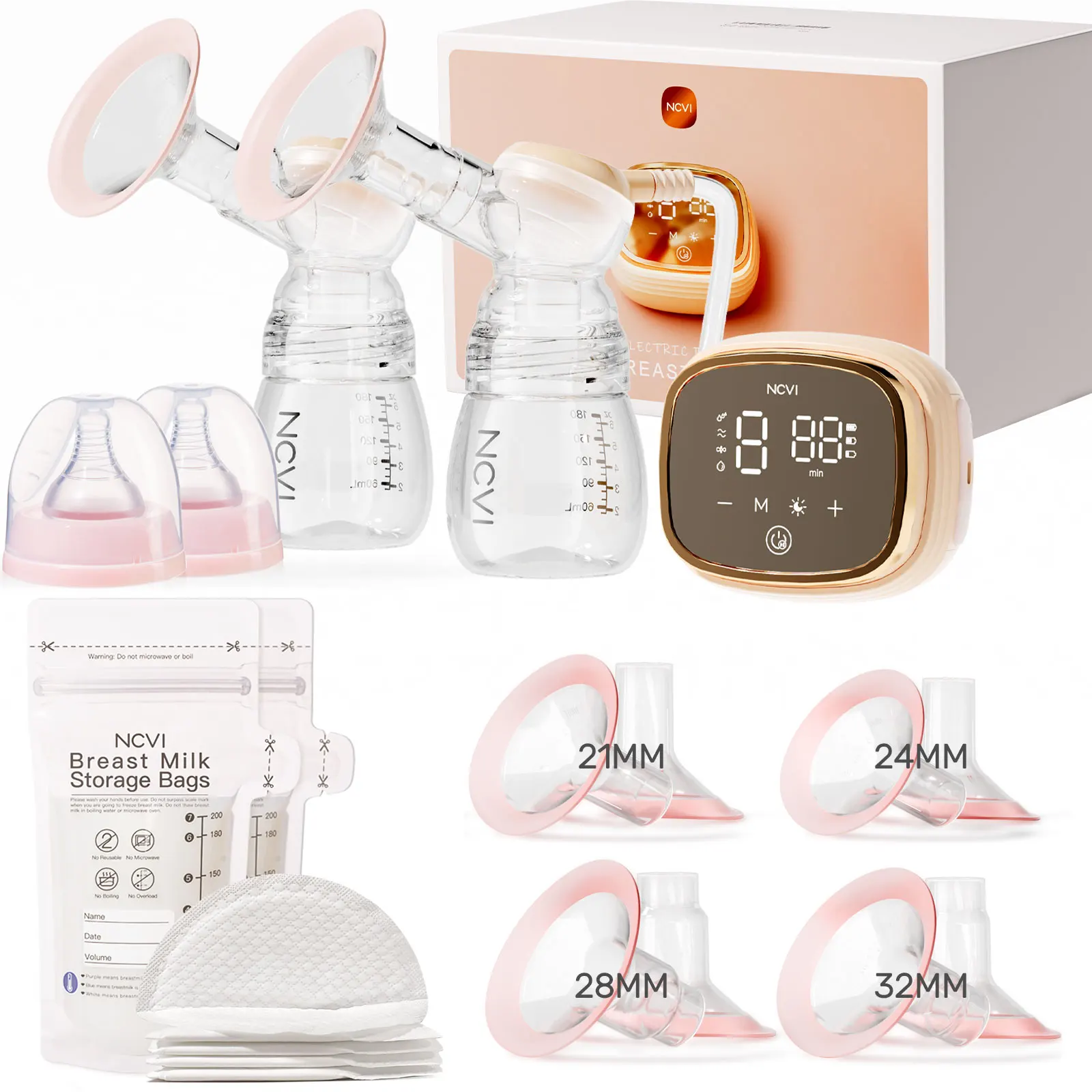 NCVI Double Electric Breast Pump 8102 with 4 Modes 9 Suction Levels LED Display Night Light 4400mAh Battery Portable Breastfeeding Pump with 24/28mm Flanges And Milk Storage Bags