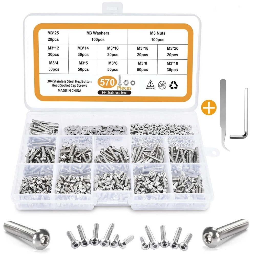 

570pcs Stainless Steel Disk Head Hexagon Socket Screw with Nut Flat Washer Set High-strength Round Cup Hexagon Socket M3 Screws