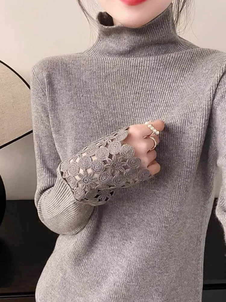 신상 슬리 홀로우 아웃 롱 슬리브 하이 칼라 니트 스웨터 슬림 핏 패셔너블 베이스 레이어 편안한 컬러 탑