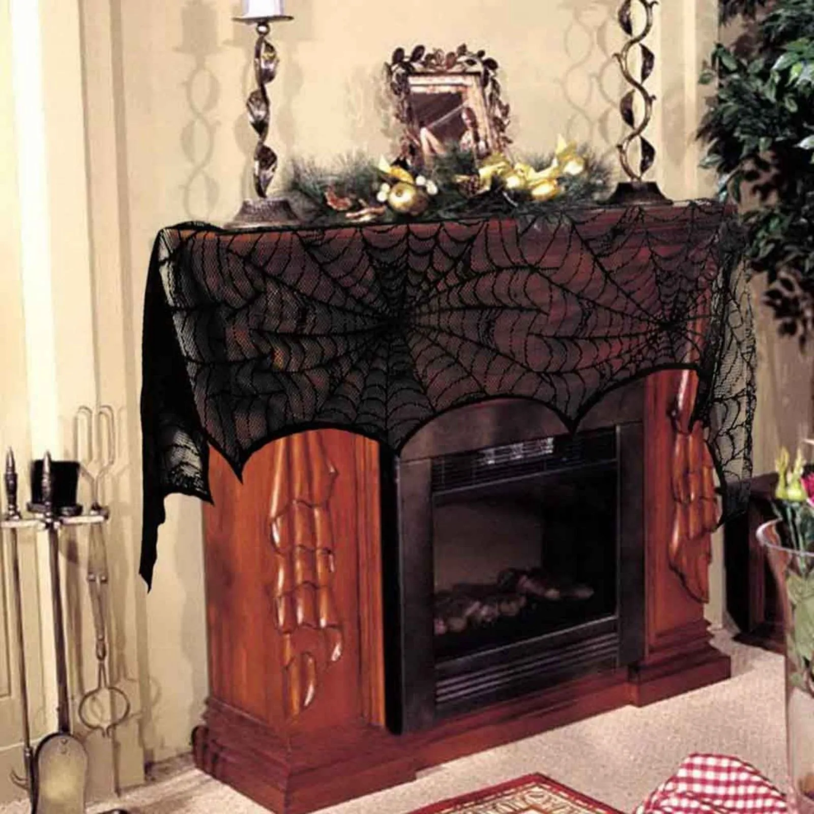 Halloween Decoration Lace Spider Web Skeleton Skull Tablecloth Black Fireplace Mantel Scarf Event Party Supplies
