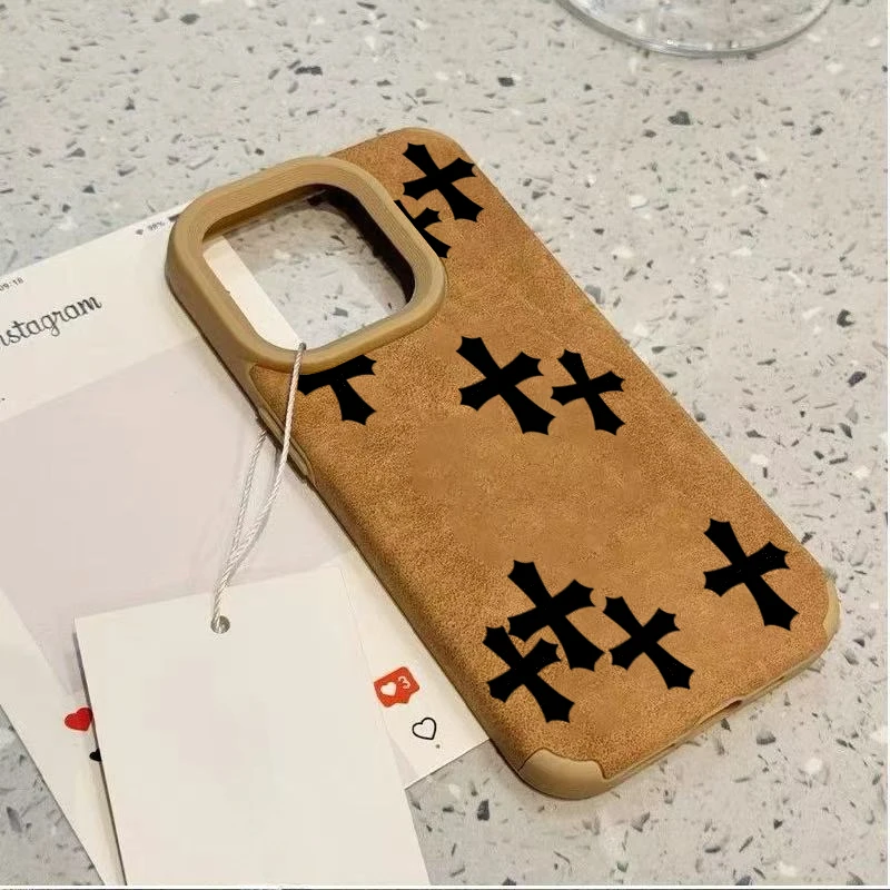 Black Cross Noble Imitation Faux Leather Phone Case For iPhone 17 16 15 14 13 12 11 Pro Max XS XR 16 Plus 17Air Shockproof Cover