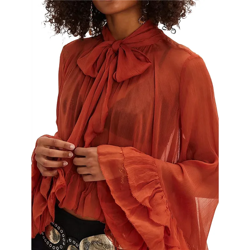 

AG-Women Long Bell Sleeve Frill See Through Sheer Mesh Blouse High Low Hem Ruffled Sexy- Flowy Shawl Shirt