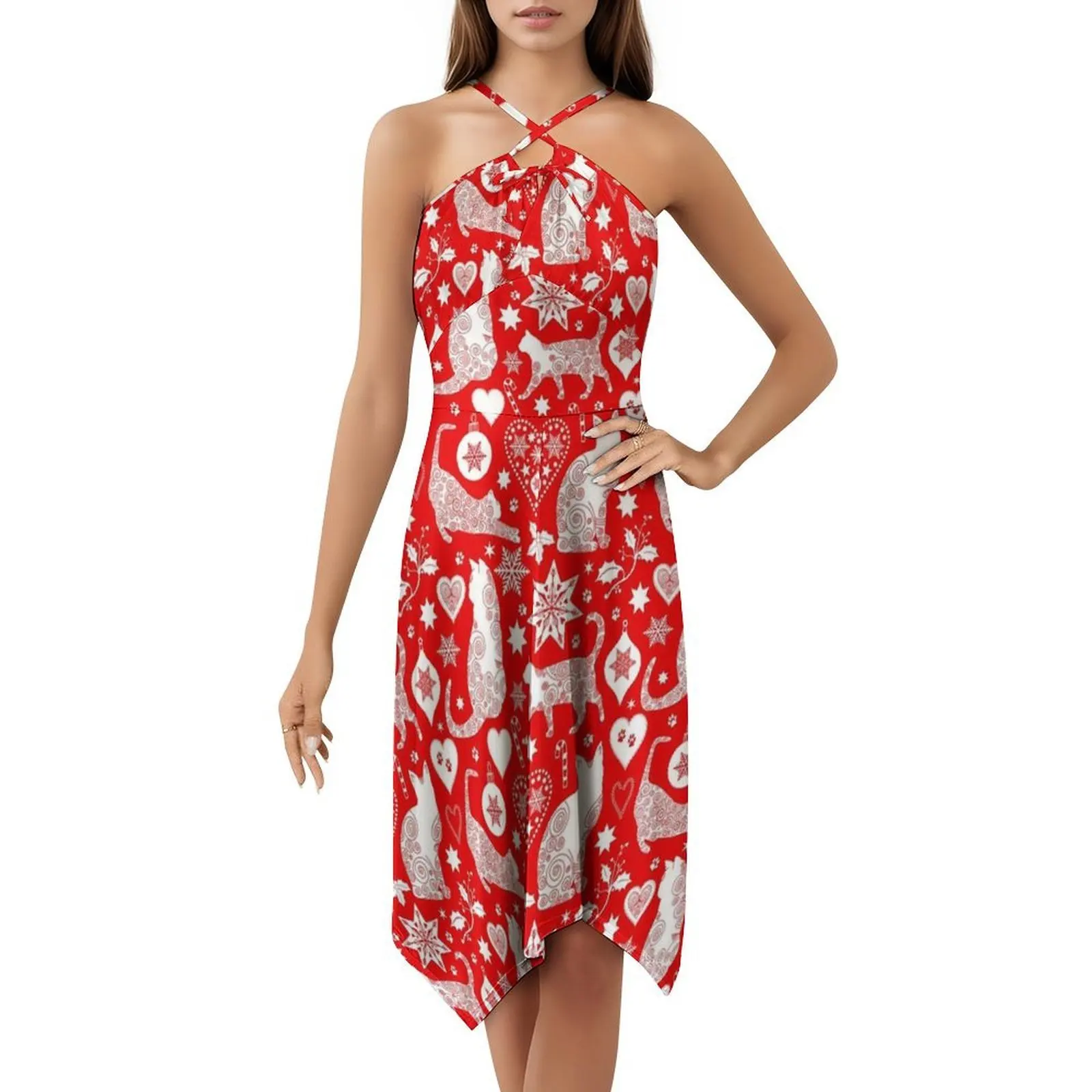 الأحمر والأبيض القط عيد الميلاد الفن الشعبي الاسكندنافي خمر فستان بوهيمي نفخة الأكمام أو خيارات بلا أكمام لفستان المرأة