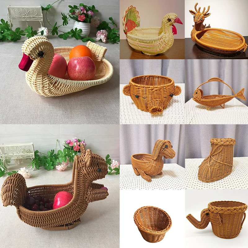 Rattan Woven Basket Fruit Bread Food Storage Basket Imitation Rattan Animal Shaped Woven Basket Outdoor Picnic Home Organizer