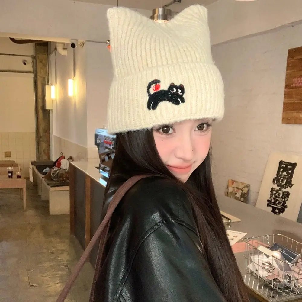 

Fashion Soft Cat's Ears Knitted Hat Elastic Embroidered Cat Knitted Beanies Wool Thickened Woolen Hat Outdoor