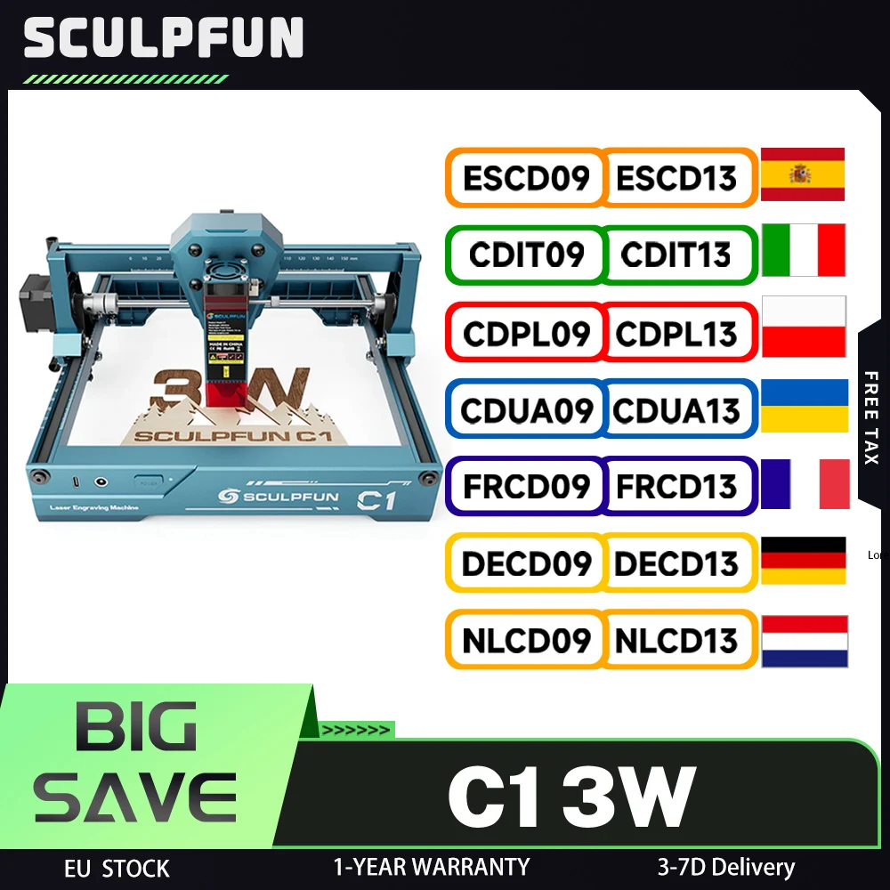 SCULPFUN C1 3W Mini graveur Laser, zone de gravure 150*130mm, 10000mm/min, point compressé Ultra-fin de 0.04mm, effet 100nm-500nm