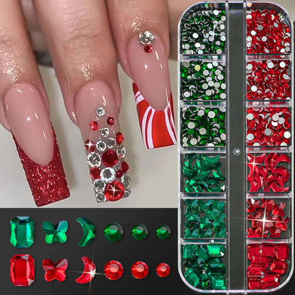 Noël 12 grilles demi-rondes perles blanches ongles strass Mini or acier inoxydable Caviar perles rouge vert verre ongles gemmes Dec