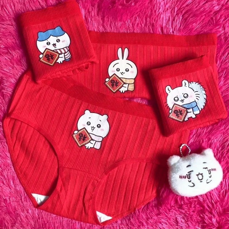 

Kawaii Chiikawas New Year Pure Cotton Cartoon Usagi Hachiwares Pattern Cute Girl Red Underwear New Year Gift