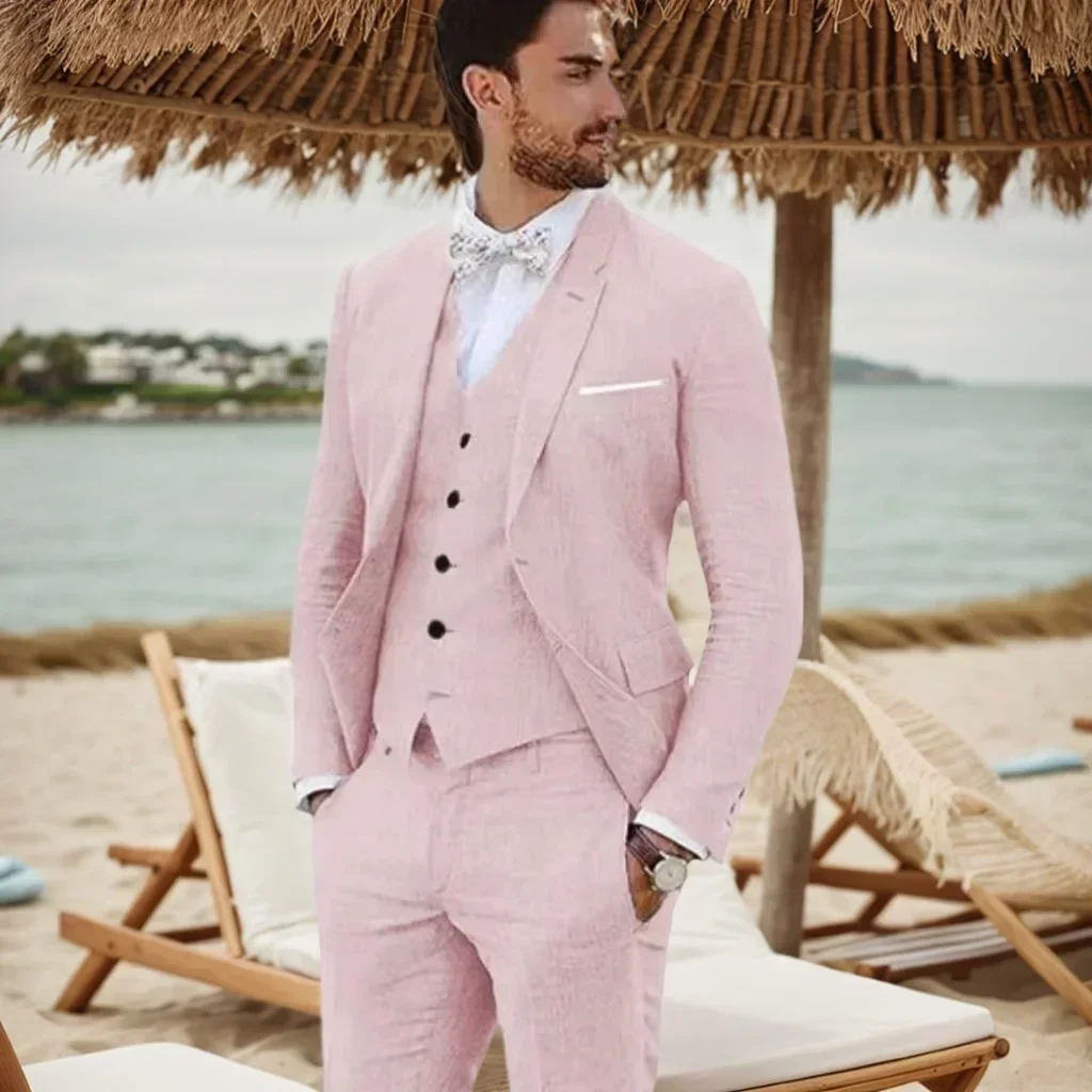 

Men's Casual Linen Suits Regular Fit 3-Piece Notch Lapel Blazer Vest Pants Set for Business Wedding Evening Party Groomsmen
