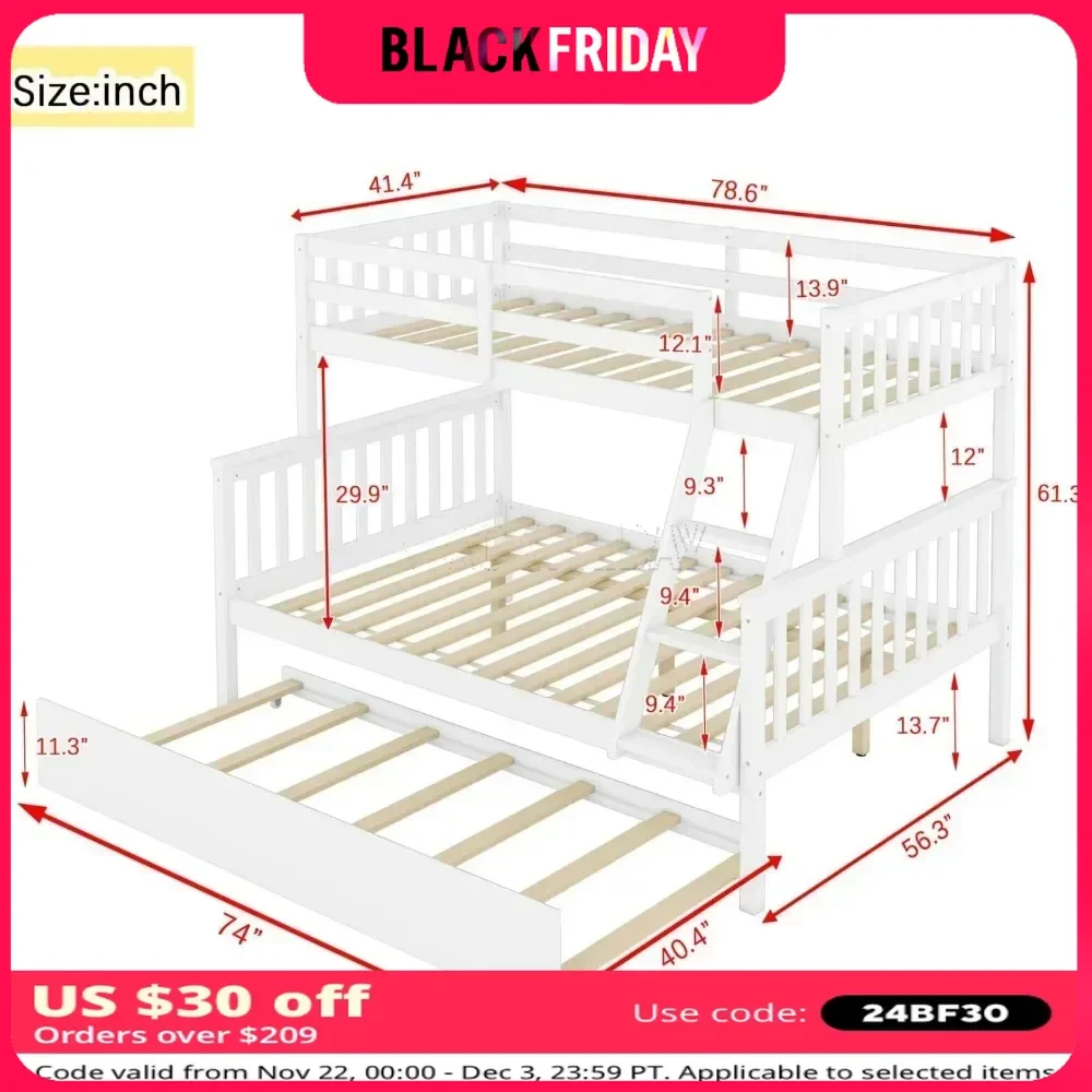 Bunk Beds Wood Twin Over Full Bunk Bed with Two Storage Drawer, Convertible To 2 Separated Beds (White) Bunk Beds for Kids