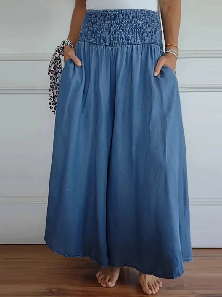 2025 Summer New Women's Solid Color Wide Leg Pants Fashionable And Casual Drawstring Pants Elastic Waistband Pocket Loose Pants