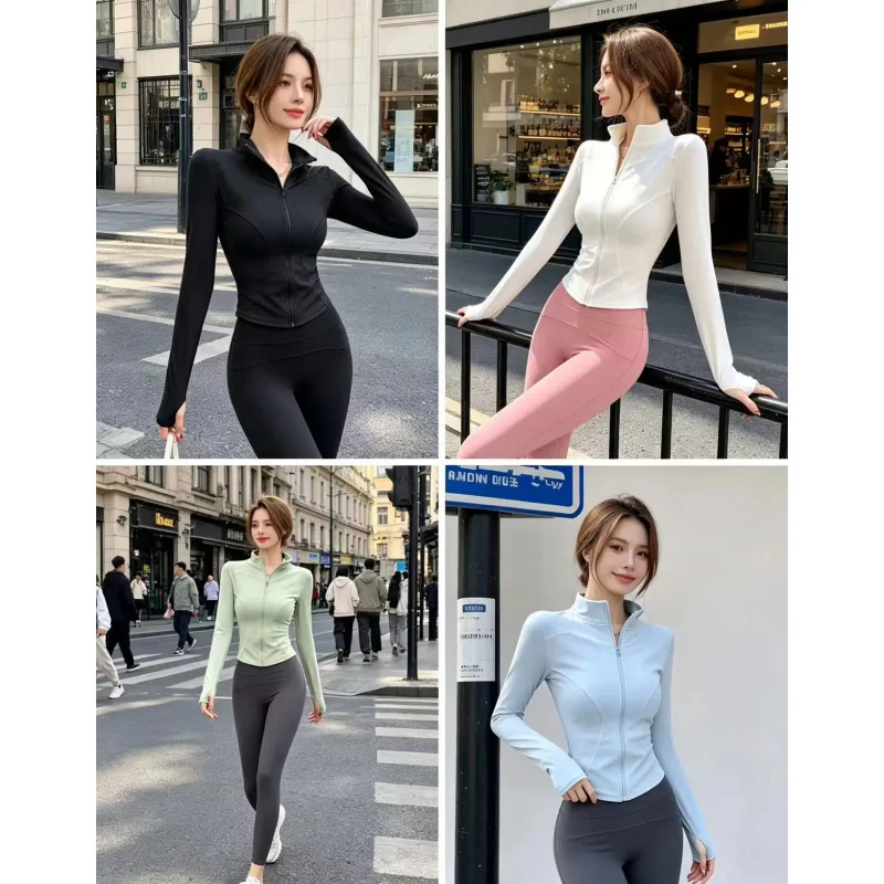 Women's Slim Fit Zip Up Jacket, Stand Collar Long Sleeve Crop Top, Soft Stretchy Casual Outwear for Daily Streetwear