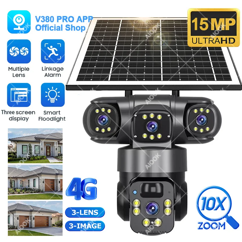 V380 PRO 4G Solar Camera HD 15MP Three Lens PTZ Camera Outdoor Camera Waterproof IP CCTV Two-Way Intercom Night Camera