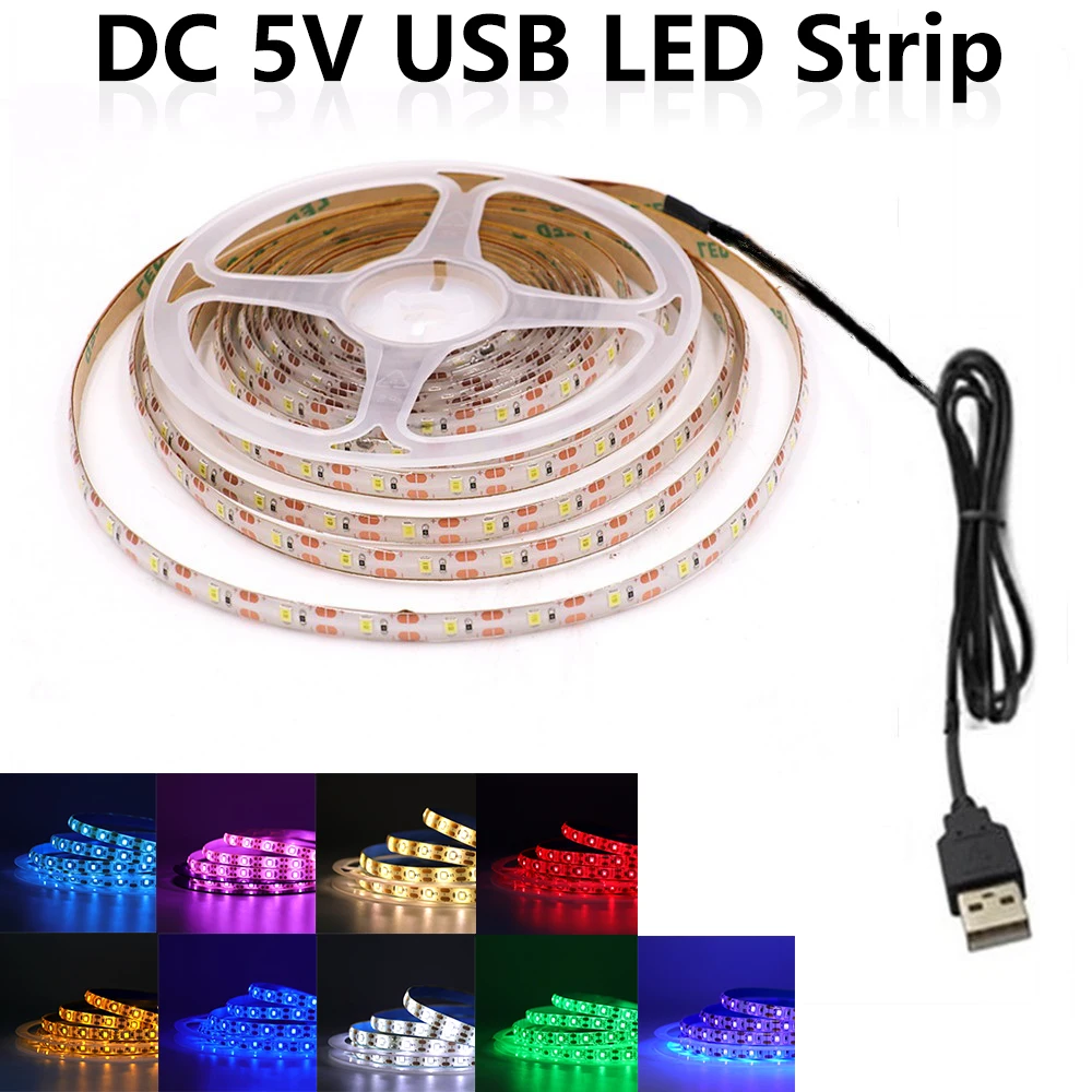 5V USB LED Strip 2835 60LEDs/m Diode Tape Waterproof Flexible LED Ribbon Warm White Ice Blue Purple Pink Yellow for TV Backlight