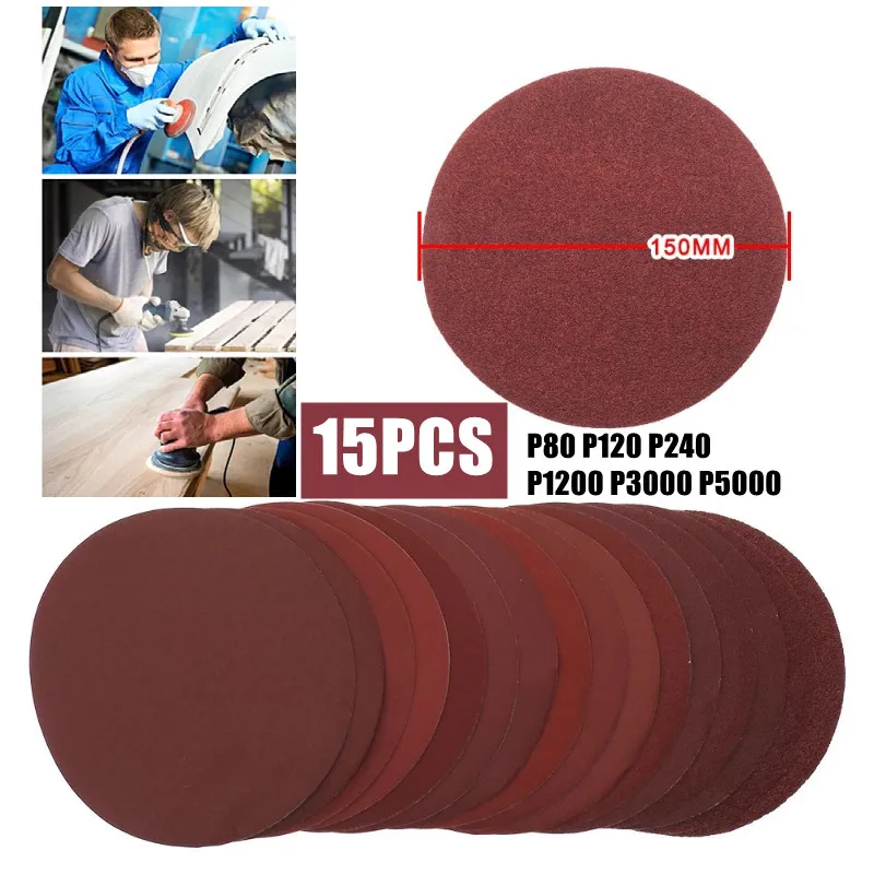 15pcs 6 Inch 150mm Grit 60-5000 Sanding Paper Discs Hook Loop Sandpaper Round Disk Sand Sheet