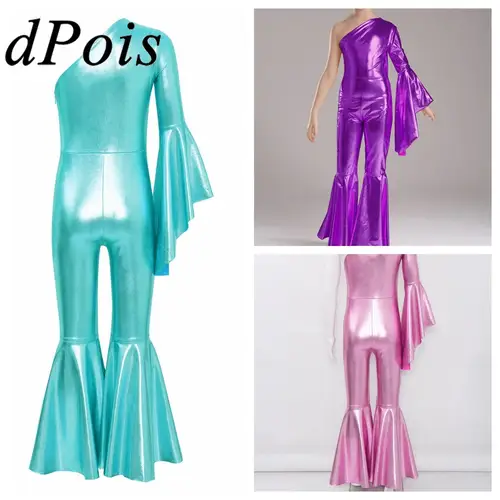 Imagen 1 del producto Mono de baile de Jazz con parte inferior de campana brillante metálico para niñas, traje de actuación de fiesta temática a la moda con un hombro para niños