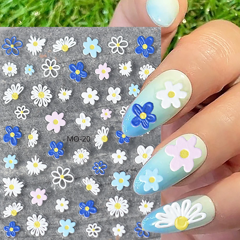 5D Flowers Nail Stickers Colorful Embossed Daisy Tulips Cartoon Rabbits Heart Slider Nail Decals DIY Manicure Tattoo LEBMO-20