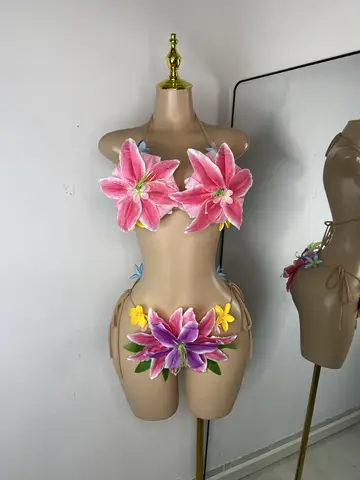 Women Sexy Tropical Handmade Flower Trendy Bikini Two Pieces Transparent Floral Swimsuit Beach Outfit Dancer Performance Costume