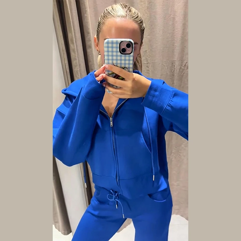 Damen-Hosen-Sets mit Kapuze, Langarm-Reißverschluss, Oversize-Mäntel, Kordelzug-Taille, Schlaghosen, Frühling-Herbst, schicke neue Outfits für Damen – Detail 11