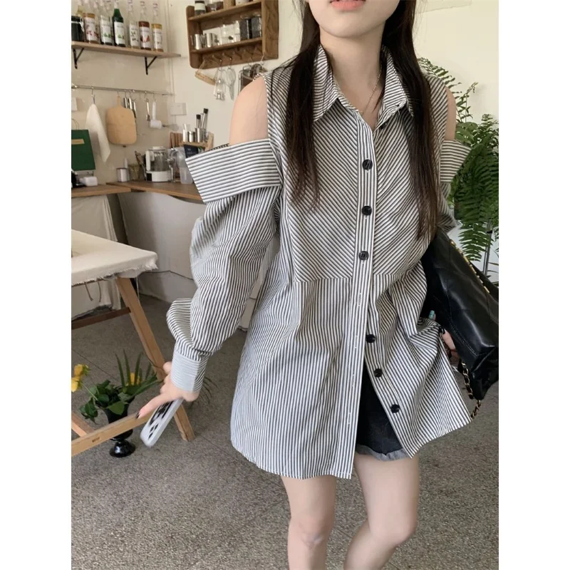 Off Shoulder Striped Loose Blouse Spring New Polo Neck Long Sleeve Button Korean Shirt Tops Vintage Fashion Y2K Women Clothing