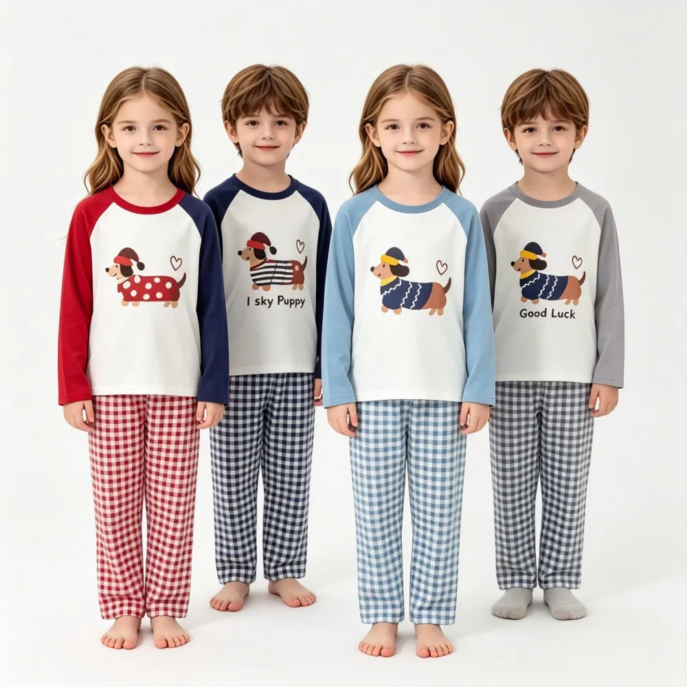 Boys Girls Modal Pajamas Sets Cartoon Raglan Sleeve Top Plaid Pants 2pcs Clothes Children Soft Homewear Teen Nightwear Sleepwear