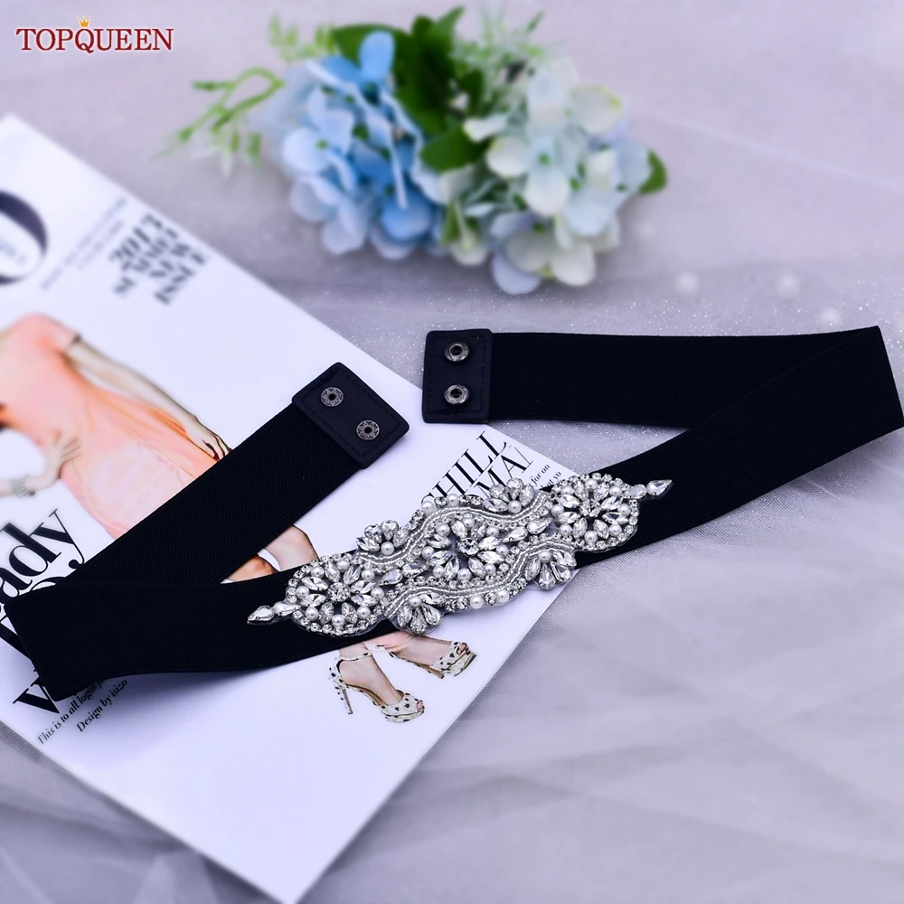 TOPQUEEN S05-B Fashion Women Black Elastic Belt All-match Rhinestones Pearls Female Party Dress Gown Daily Adult Waistband