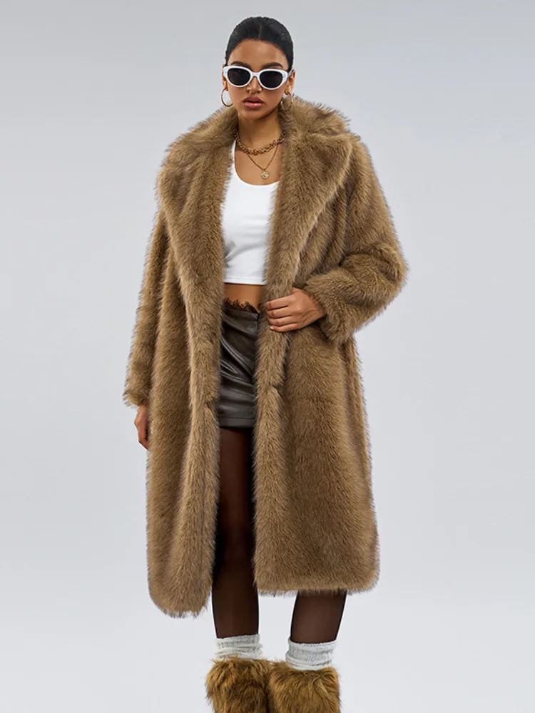 ZMEENNA Womens Long Faux Fur Coat Lapel Collar Open Front Oversized Winter Warm Outerwear Stylish Soft Fluffy Fashion ZM4366