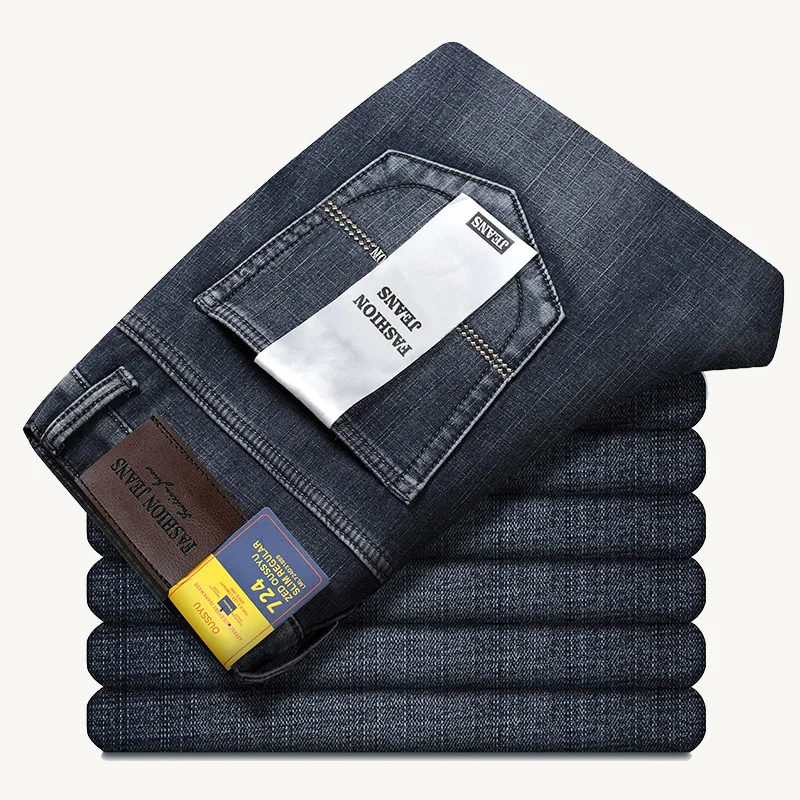 OUSSYU Brand Classic Retro Blue Men's Jeans Denim Pants Work Streetwear Straight Stretch Business Autumn Winter Cotton Trousers