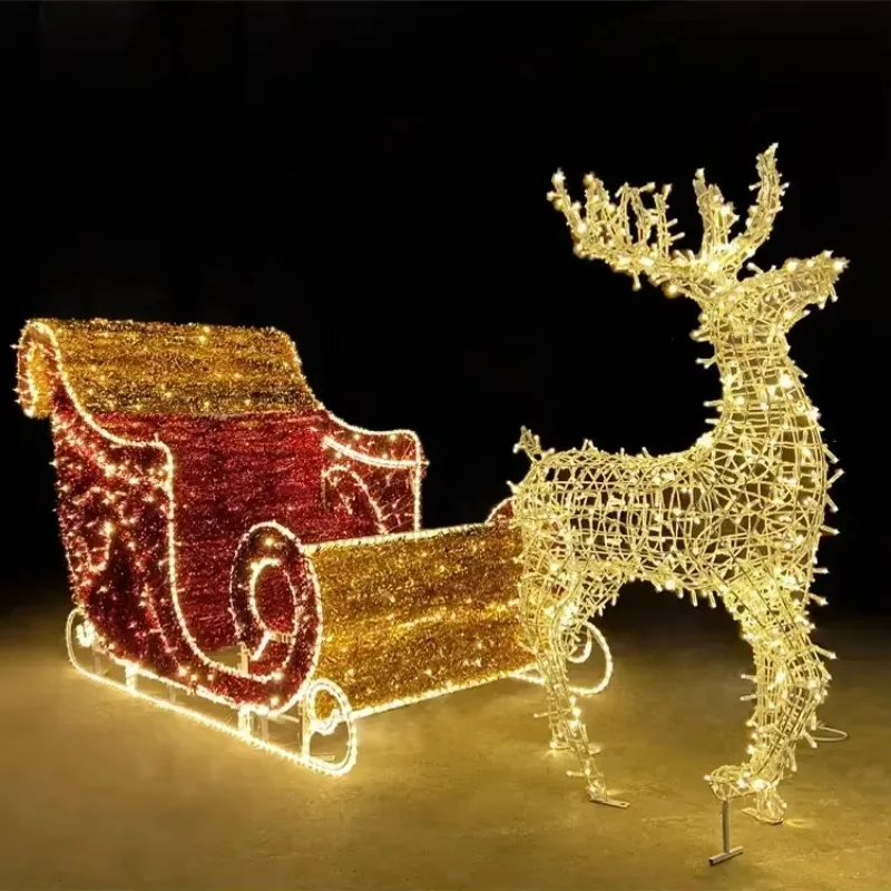 Outdoor Commercial Festive Wedding Decorations Warm White Glowing Christmas Reindeer Carriage Pattern Lights