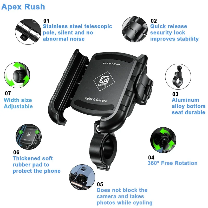 

Apex Rush Motorcycle Phone Holder Aluminum 1S Fast lock For Motorcycle Bike, Scooters ATV 5.4-7.2 inch Phone