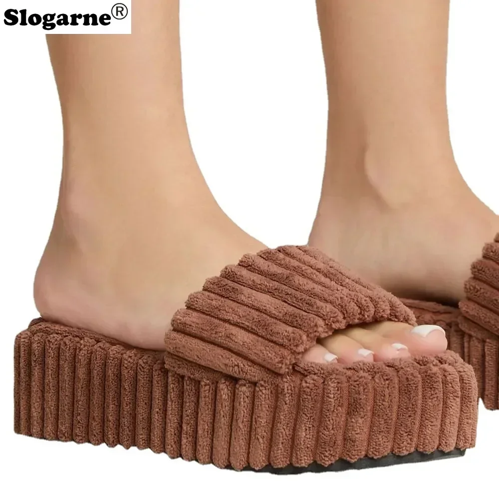 Women Platform Slippers 5cm Thick Sole Sandals Fashion Summer Slides Girls Fur Slippers Wedges Outdoor Wedges Autumn Slippers