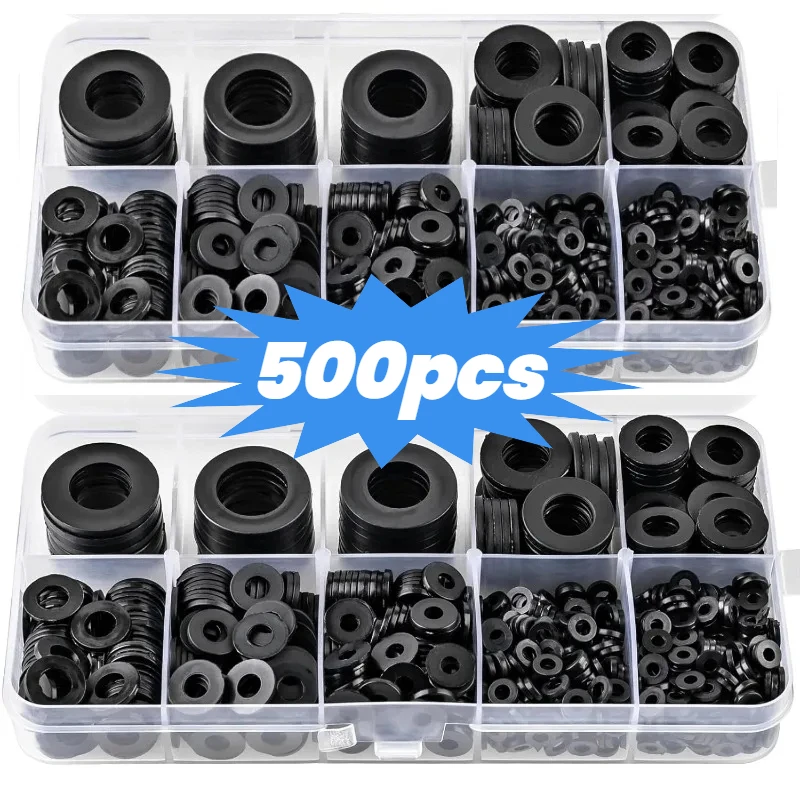 500pcs Nylon Washer Flat Assortment Set with 8-size Safety Plates M2 M2.5 M3 M4 M5 M6 M8 M10 Nylon Sealing Washers